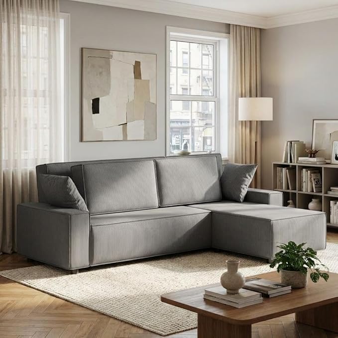 GAOMON Fine Stripe Corduroy Sectional Sofa l Shaped Modern Corduroy Couch Comfy Sofa Couch with Deep Chaise for Living Room Apartment Hotel 96 w*61 d*32 h Dark Grey