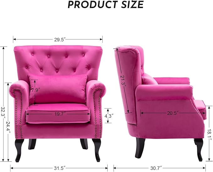 Accent Reading Arm Chairs Set of 2 for Living Room Bedroom Midcentury Modern Comfy Corner Sofa Chair Wingback Waiting Room Club Chair with Button Tufted Back &ampLumbar Pillow Velvet Rose