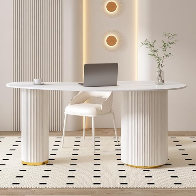 LITFAD Computer Desk Irregular Sintered Stone Home Office Desk with 3 Drawers Modern Style Boss Table Beauty Salon Reception and Consultation Table Matte White 47L x 23.5W x 29.5H Table Only