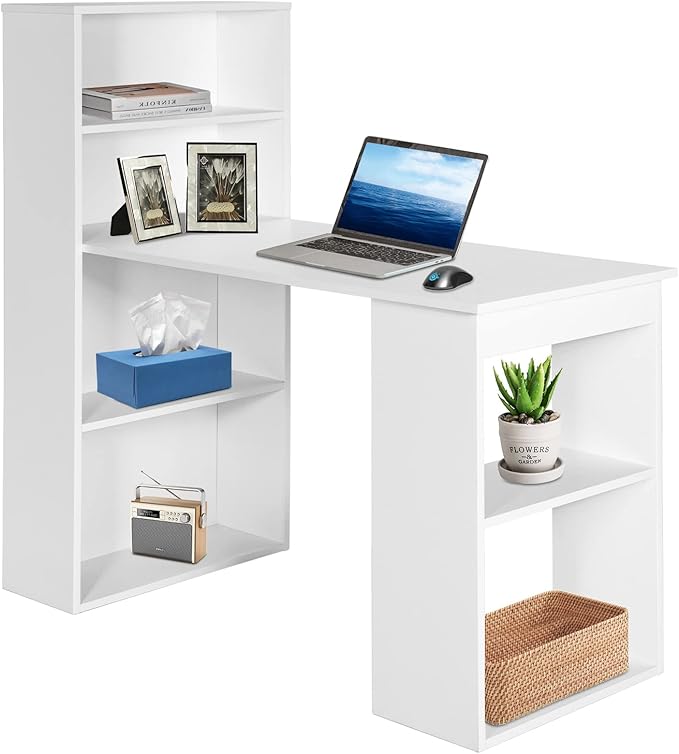 Computer Desk with Bookcase 48” Modern Writing Table Desk with Storage Shelves and CPU Stand Reversible Study Workstation for Home Office Bedroom (White)
