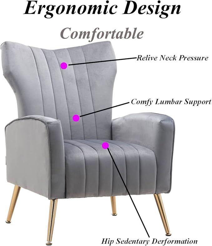 Velvet Accent Chair Modern Wingback Comfy Chair Tufted Reading Armchair with Gold Legs for Living Room/Bedroom Grey