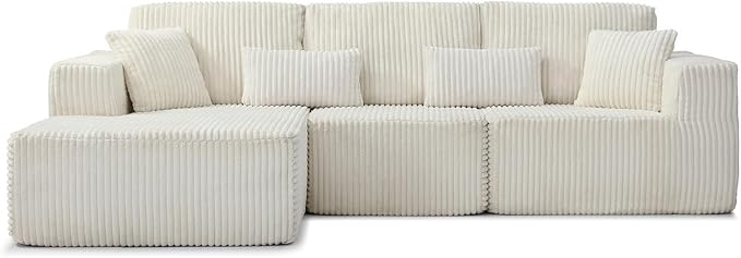 110 Inch Cloud Sectional Couch Modular Sectional Sofa with Deep Seat Corduroy Upholstered Boneless Couch for Living Room Bedroom Left Facing Chaise No Assembly Required (White)