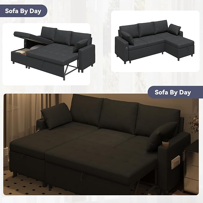 Esright 84'' Black Sleeper Sofa Bed L Shaped Sectional Convertible Pull Out Couch with Storage Chaise for Living Room Sleeper Sofa Couch with Pullout Bed USB Cup Holders Side Pockets(Black)