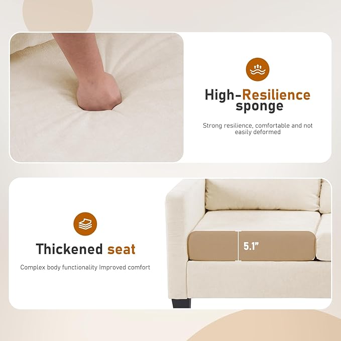 Furnimart Modern Small 3-Seater Sofa Set with Storage Ottoman Compact Couch for Small Space Chenille Fabric Solid Wood Frame Side Pocket &amp Storage Footstool Living Room Apartment(Beige)