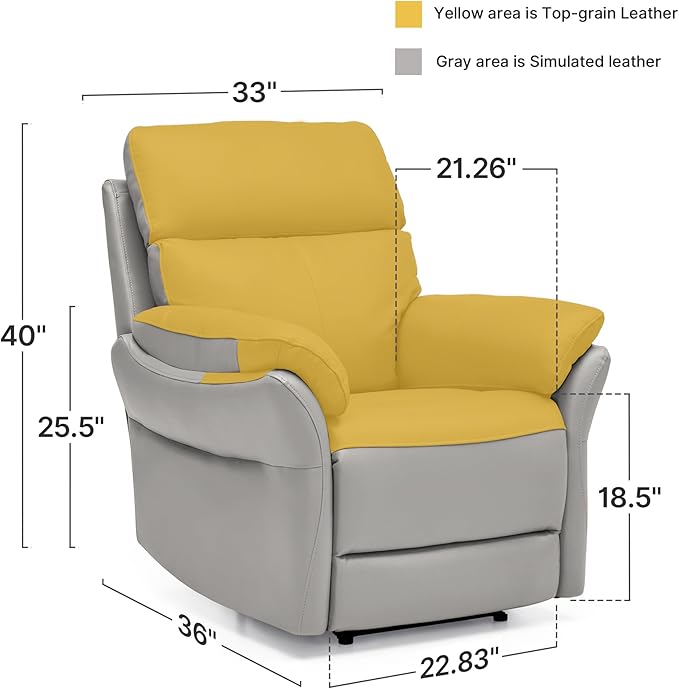AIRSKY Genuine Leather Recliner Chair Top Grain Leather Italian Water-Washing Process Living Room Chair with Lumbar Supportfor Theater Seating Bedroom GreyR1