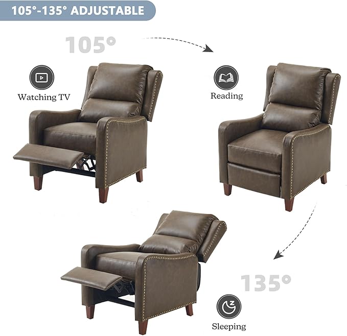 Leather Pushback Recliner Chair PU Leather Push Back Armchair Upholstered Recliner Chair 105-135 Degree Adjustable Retro Accent Chair for Living Room Bedroom - Gray