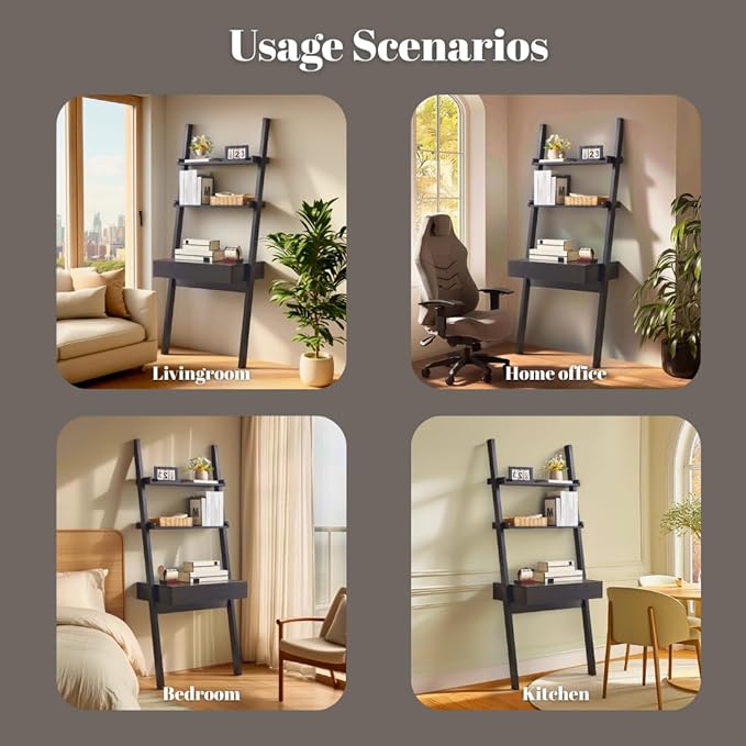 Ladder Desk with Drawer and Shelves Modern Home Office Desk with Bookcase Design Compact Writing Table Workspace for Small Spaces Handleless Design
