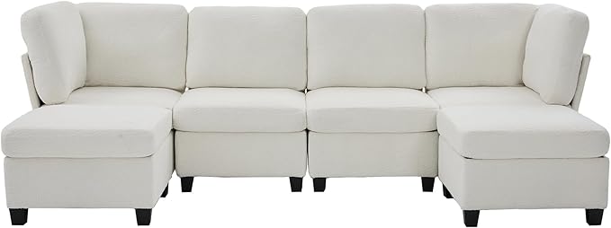 113 U Shaped Modular Sectional Sofa Couch with Storage Ottoman 6 Seat Convertible Upholstered Deep Seat Sleeper Sofa with Chaise Lounge Cloud Couch for Living Room White