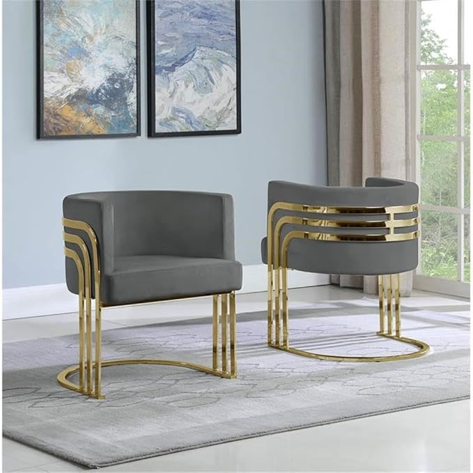 MAKLAINE Velvet Accent Barrel Leisure Chair Dark Gray Upholstery Gold Chrome Legs 24 L x 22 W x 30 H Modern Minimalist Design for Living Room or Bedroom
