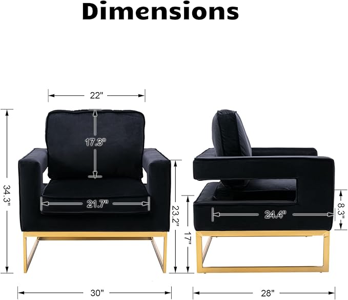 HEAH-YO Modern Accent Chairs Set of 2 Comfy Upholstered Living Room Chairs with Armrests and Golden Metal Legs Modern Side Chairs for Living Room Bedroom Black