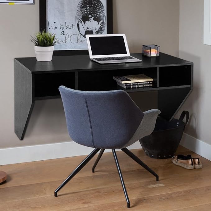 Giantex Wall Mounted Desk Floating Computer Desk Writing Study Table W/3 Storage Shelves Laptop PC Table for Living Room Bedroom Office (Black)