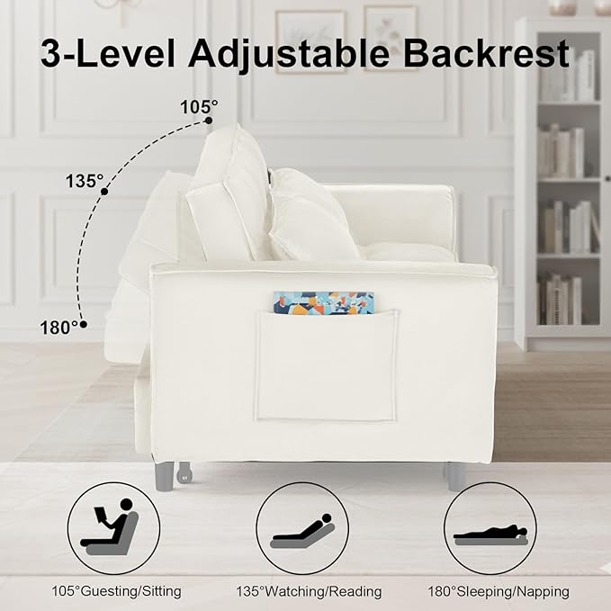 3 in 1 Convertible Sofa Bed Pull Out Couch with Adjustable Backrest Velvet Sleeper Sofa Loveseat with Pillows and Side Pockets for Living Room Bedroom Apartment Beige