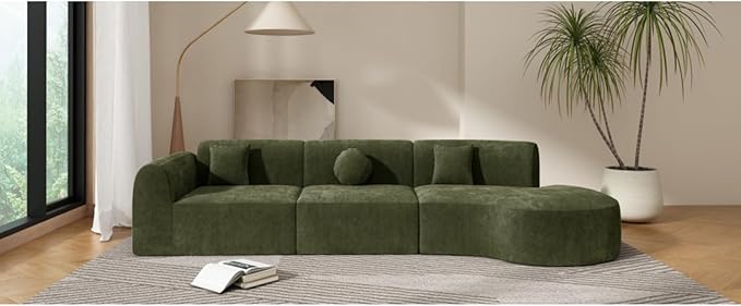 140 Modern Curved Sectional Sofa with High-Density Fully Compressed Sponge and Chaise Lounge 3-Piece Set Fully Assembled Right Hand Facing Perfect for Living Room Lounge (Green)