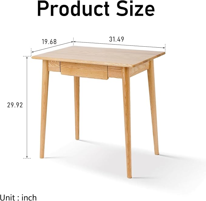 100% Solid Oak Wood Home Office Desk 31 Writing Computer Desk with Drawer Mid Century Modern Desk for Home Office Sturdy Writing Workstation
