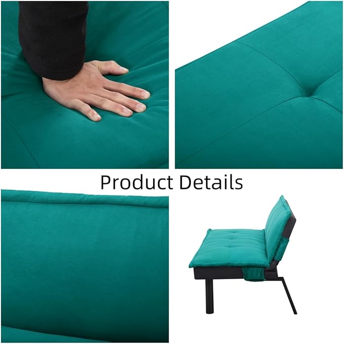 Futon Sofa Bed Couch 64.6 Convertible Sleeper Sofa with 5 Positions Adjustable Backrest Velvet Couch Bed with Solid Wood Frame for Home Office Living Room Guest Dorm Green