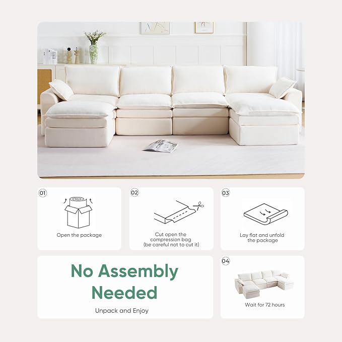145 Modular Sectional Cloud Couch Deep Seat Boneless Couch for Living Room Upholstered Cloud Sectional Couch with Throw Pillows and Side PocketsNo Assembly RequiredChenilleBeige