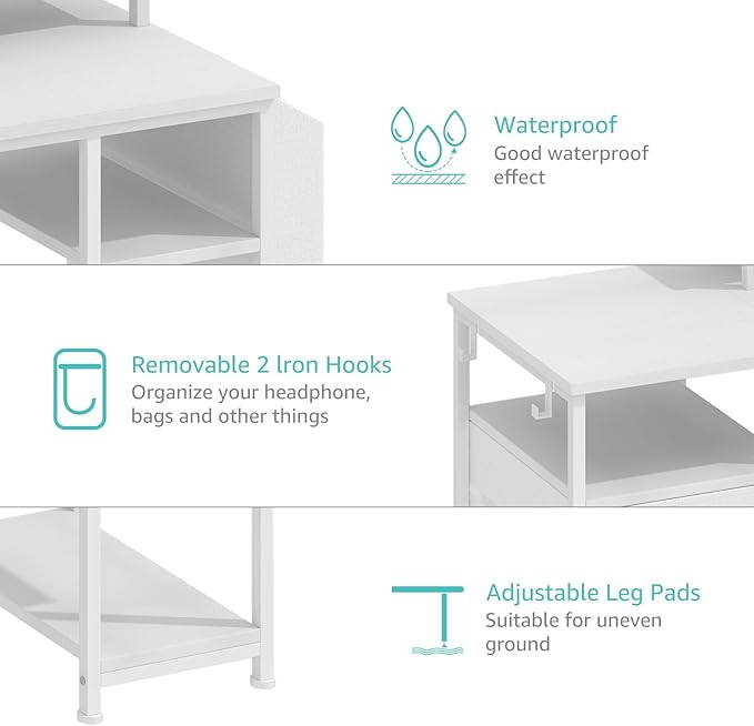 Lufeiya White Computer Desk with File Drawers Cabinet 55 Inch Home Office Desk with Monitor Stand Shelves Writing Study Gaming Desks with Led Lights and Power Outlets for Bedroom White