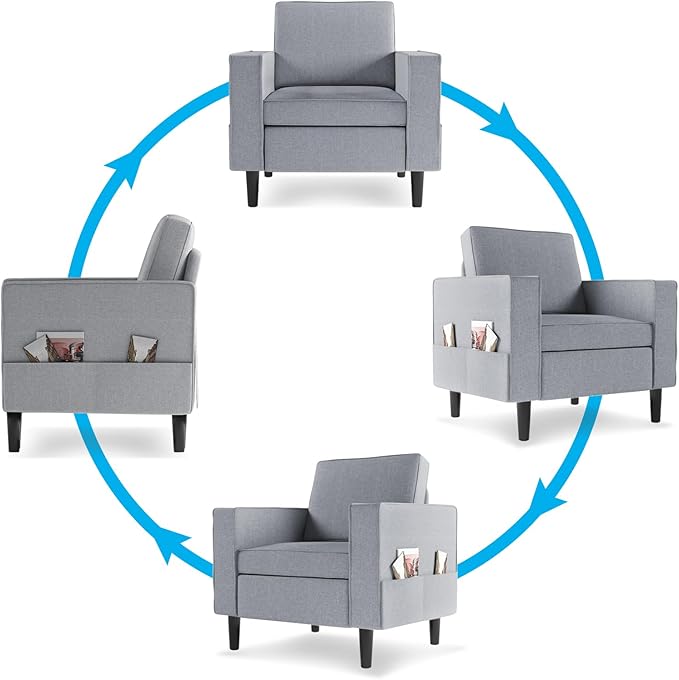 Mjkone Armchair Sofa Chair with Storage Pockets Modern Velvet Single Sofa Chairs Comfortable Small Space Reading Chair for Living Room/Apartment/Bedroom - Light Grey