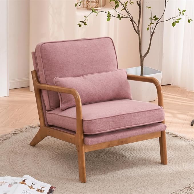 Accent Chair Mid-Century Modern Upholstered Armchair with Lumbar Pillow Comfy Lounge Chair Reading Chair with Solid Wood Frame &amp Soft Cushion for Living Room Bedroom Balcony Pink