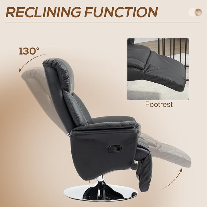 HOMCOM Swivel Recliner Chair PU Leather Reclining Chair with Retractable Footrest Padded Arms for Living Room -Black