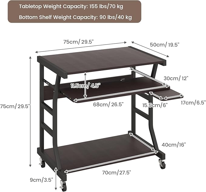 Tangkula Mobile Computer Desk with Keyboard Tray Portable Small Rolling Desk with Mouse Tray &amp Bottom Storage Shelf Rolling Laptop PC Desk Cart with Lockable Wheels for Small Space (Brown)