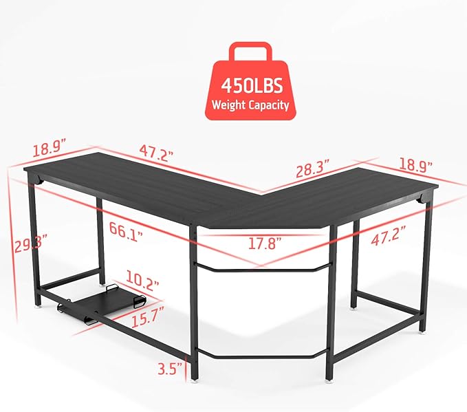 Weehom L-Shaped Desk Black Corner Gaming Computer Desks for Home Office PC Workstation Study Writing Work TableWood &amp Metal 66 Inch
