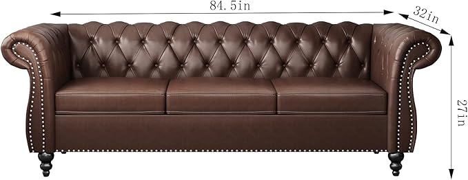 ONCIN Chesterfield Sofa Leather for Living Room 3 Seater Sofa Tufted Couch Faux Leather with Rolled Arms and Nailhead for Living Room Bedroom Office Apartment (Dark Brown)