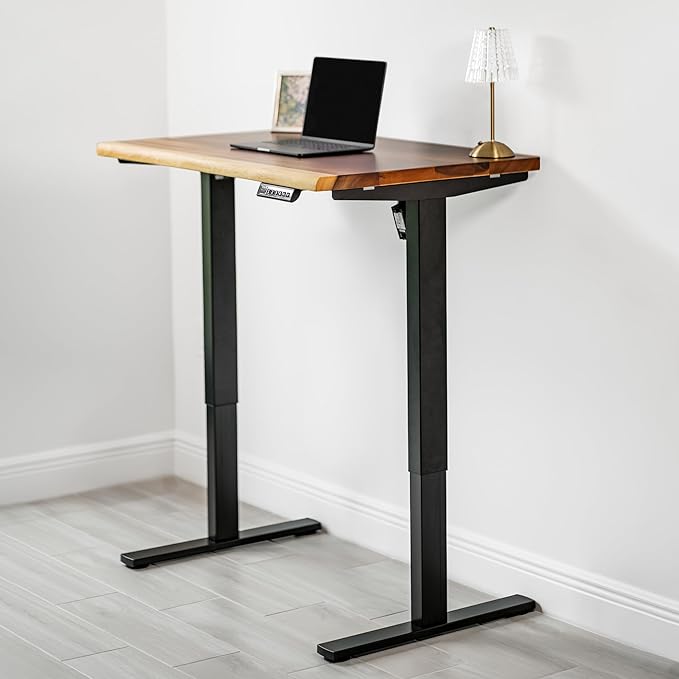 Small Standing Desk – Walnut Solid Wood Desk Natural Live Edge Adjustable Height Dual Motor Sit Stand for Home Office (Black W38 x D25)