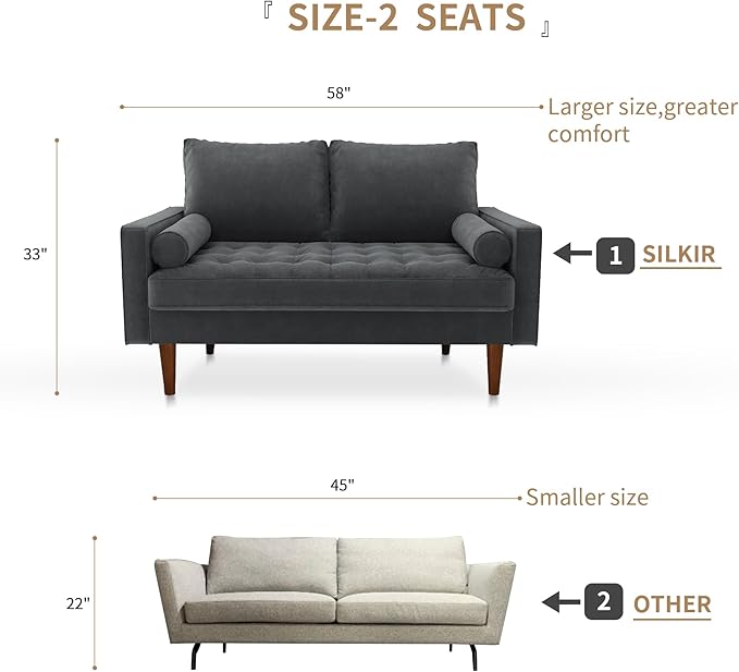SILKIR Velvet Loveseat Sofa Love Seats Furniture for Small Spaces Mid-Century Modern Loveseats for Living Room Love Seat Couch 58 Inches Grey