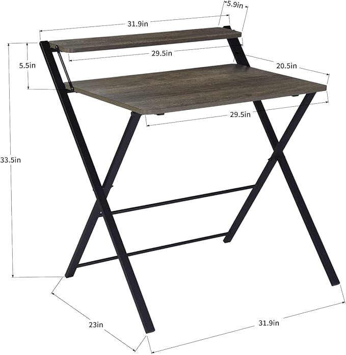 FurnitureR 32'' Folding Desk No Assembly Required Desk 2 Tier Computer Desk for Study Home Office Portable Foldable Laptop Table with Metal Frames/Wood Top Rustic Brown