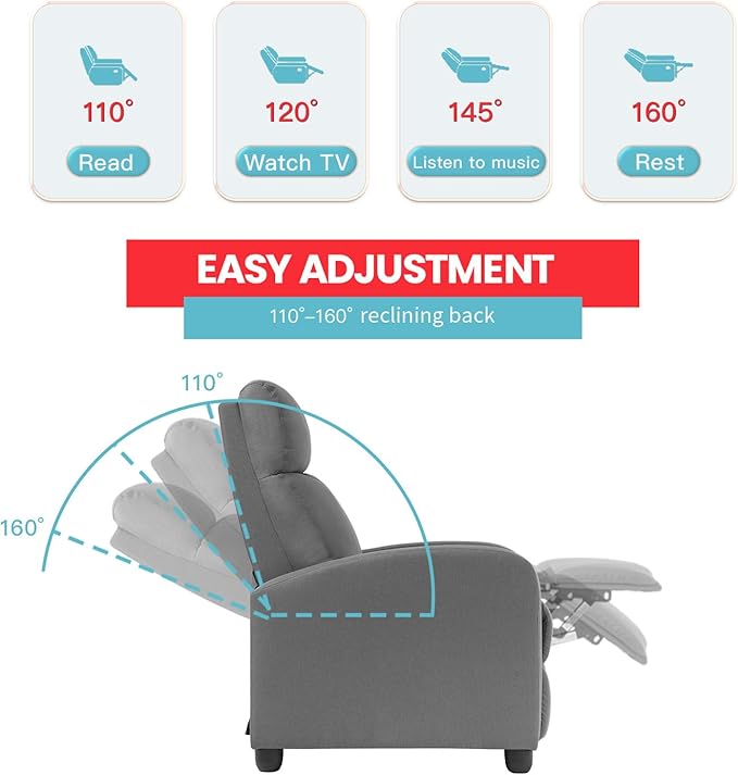 PayLessHere Recliner Chair Single Reclining Sofa Home Theater Seating with Lumbar Support and Padded Backrest for Living Room and Bedroom (Fabric Grey)