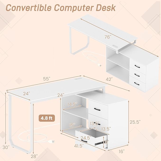 GOFLAME Reversible L Shaped Computer Desk with Charging Station 55” Home Office Desk with 3 Drawers 3-Level Adjustable Shelf Convertible Study Writing Desk for Small Space White