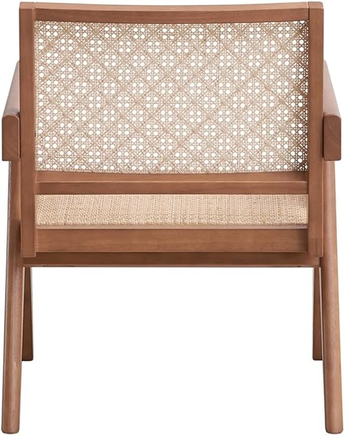 Pemberly Row Rattan &amp Wood Accent Chair Natural Finish 32H x 24W x 26D Square Arms Woven Rattan Seat &amp Backrest Rustic Coastal Style Durable Wooden Frame Living Room or Family Room S