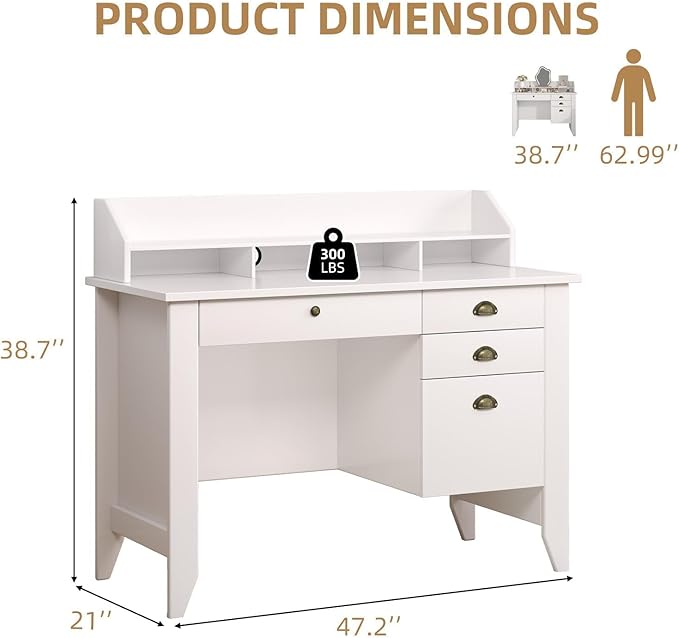 4 EVER WINNER White Desk with Drawers Small Desk with File Drawer for Small Spaces Writing Desk with Monitor Stand Wood Table for Home Office White