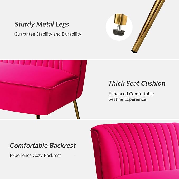 HULALA HOME 3 Piece Velvet Living Room Furniture Set Modern Comfy Upholstered Chair Set with Golden Legs include Loveseat &amp 2 Accent Chairs for Bedroom FUCHSIA Tufted 2-Seater Sofa &amp Armles