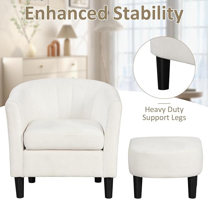 Giantex Modern Accent Chair with Ottoman Upholstered Teddy Velvet Barrel Club Chair w/Footrest Curved Backrest &amp Armrests Non-Slip Felt Pads Comfy Accent Arm Chair for Living Room Bedroom Be