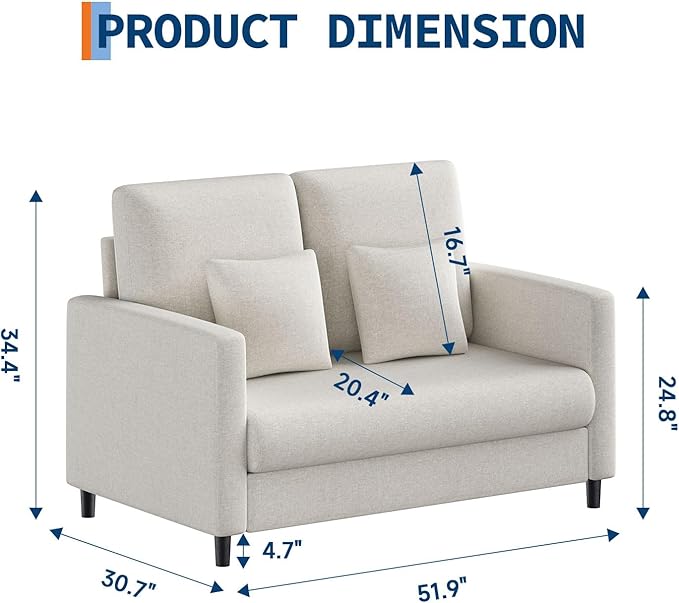 Loveseat Sofa 52 Mid Century Modern Love Seat for Small Spaces Wood Frame Tool-Free Assembly Comfy Sofa for Bedroom Living Room Apartment（Beige）
