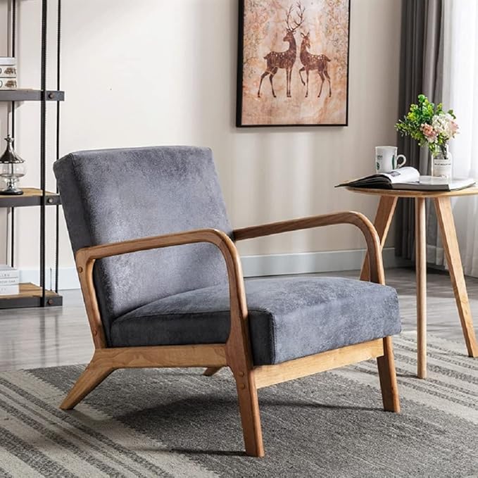 Classic Mid Century Modern Accent Chairs for Living Room or Bedroom Espresso Open ed Armchair with Plush Cushioning and Microfiber Upholstery Light Gray