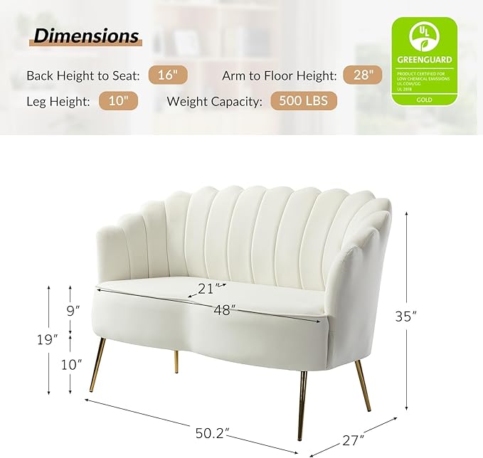 HULALA HOME Modern Velvet Loveseat Sofa with Flower Shaped Back Comfy Upholstered 2-Seater Sofa with Gold Metal Legs Small Love Seat Accent Couch for Living Bedroom Leisure Areas Ivory