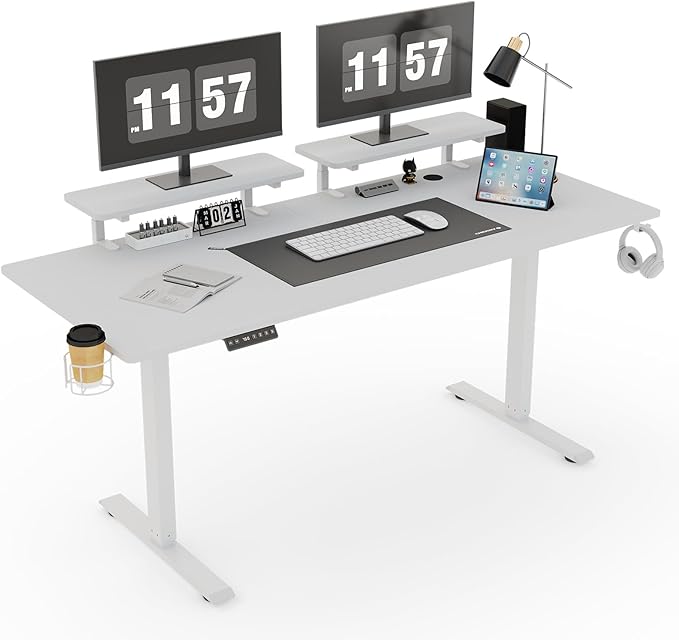 71 x 24 Inches Electric Standing Desk with 2 Monitor Shelves Adjustable Computer Desk from 28-46'' Sit to Stand UpHome Office Desk with Memory Controlller for Workstations White