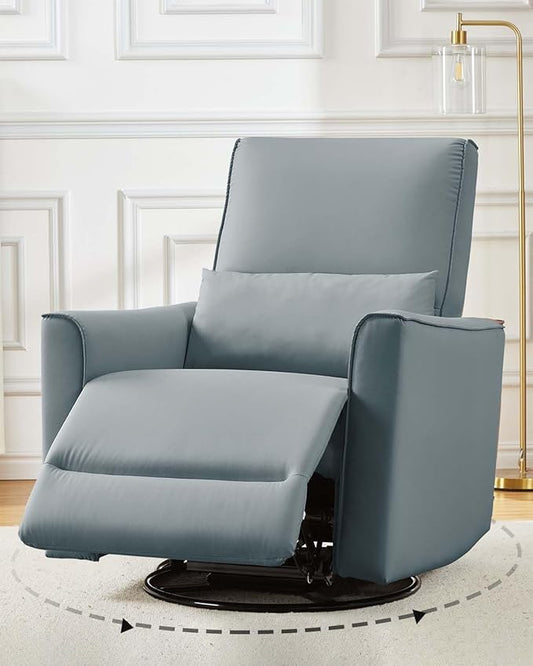 Swivel Rocking Recliner Chair Upholstered Faux Leather Glider Recliner with Lumbar Support High Backrest &amp Padded Armest Manual Nursery Recliner for Living Room (Manual Gray)
