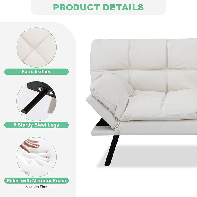 MUUEGM Futon Couch with 71 Adjustable High Density Memory Foam Futon Sofa Bed Modern Design Sofa Bed for Living Room Sleeping and Relaxing(Leather White)