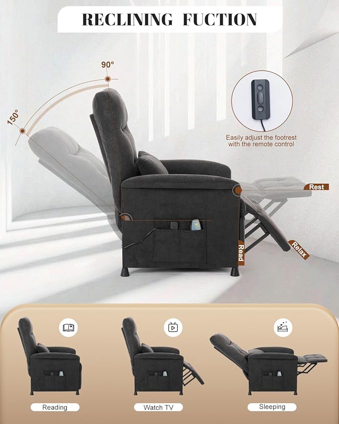 Power Recliner Chair for Adults - Electric Reclining Sofa with Side Pocket &amp Remote Adjustable Recliner for Living Room or Home Theater Seating