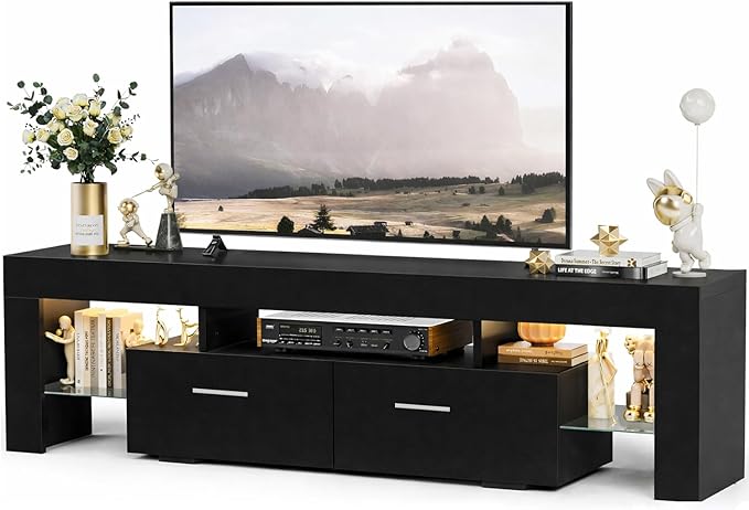 Large TV Stand for TVs up to 75 Inches – Modern Entertainment Center with LED Lights 4 Storage Drawers Open Shelves Black Finish
