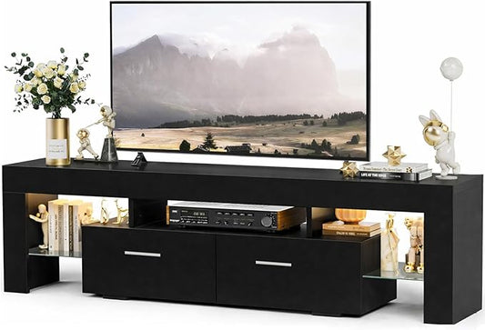 Large TV Stand for TVs up to 75 Inches – Modern Entertainment Center with LED Lights 4 Storage Drawers Open Shelves Black Finish