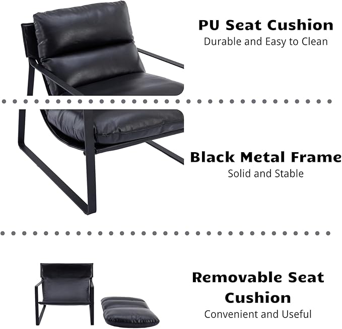 HEAH-YO Modern Accent Chair Set of 1 PU Faux Leather Living Room Chair with Removable Cushion and Solid Metal Frame Comfy Reading Chair for Bedroom Black