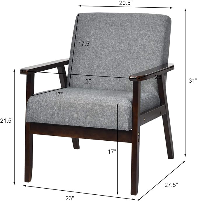 Giantex Set of 2 Mid-Century Modern Accent Chair Retro Fabric Armchair Solid Hardwood Made Upholstered Linen Lounge Arm Chair for Living Room (Dark Grey)