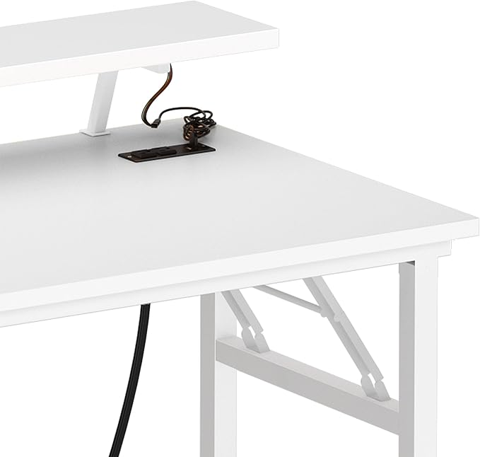 Need 47 Inch Folding Computer Desk with Power Outlets &amp Monitor Shelf Study Desk with Cup Holder Gaming Desk with Led Lights &amp Headphone Holder White