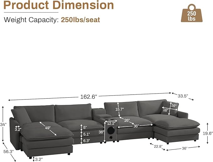 162.6 U Shaped Sectional Cloud Couch Oversized Comfy Grey Sectional Couches for Living Room Modular Couch Large Velvet Cloud Sofa with Console Bluetooth Speaker USB Ports Dark Grey