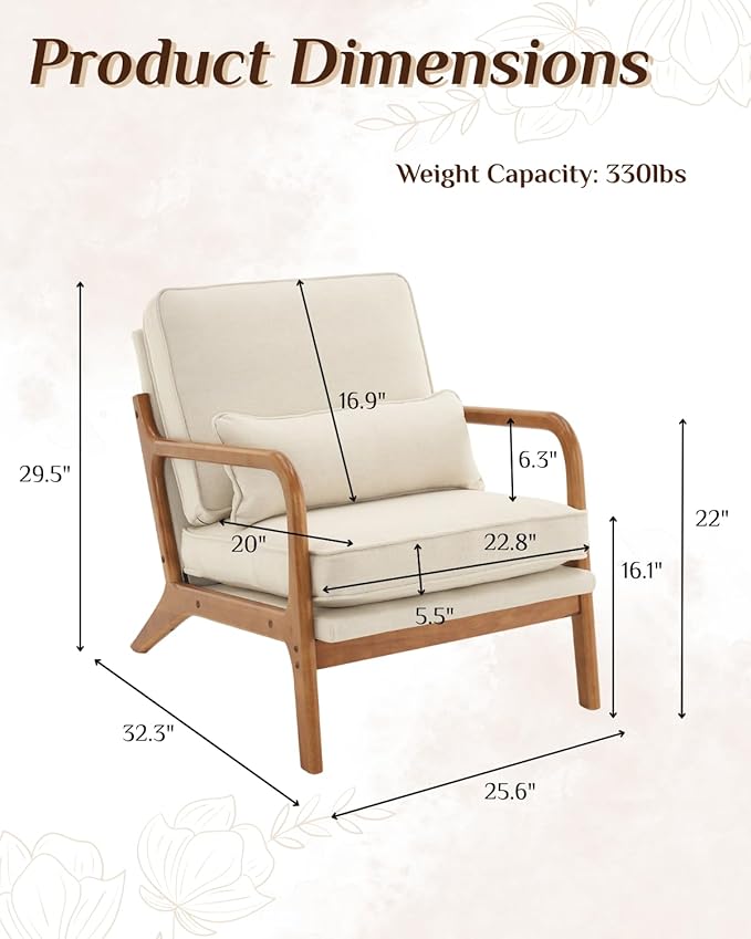 Karl home Accent Chair Mid-Century Modern Chair with Pillow Linen Fabric Upholstered Lounge Arm Chair with Solid Wood Frame &amp Soft Cushion for Living Room Bedroom Balcony Beige